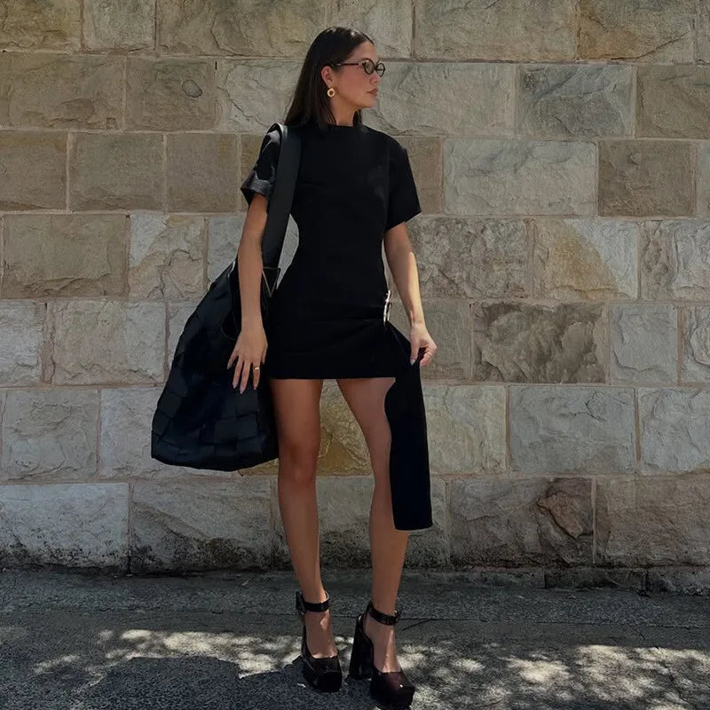 Short Sleeve Draped Black Metal Buckle Mini Dress