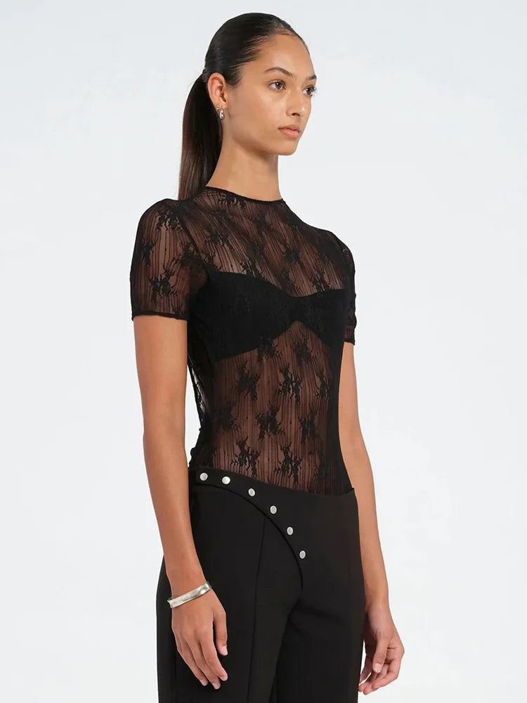 Sheer Lace Patchwork Bodysuit Top For Women