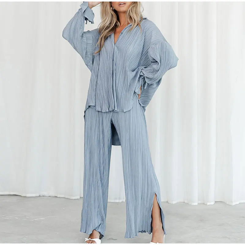 2 Piece Set Blouse Tops and Split Wide Leg Pants