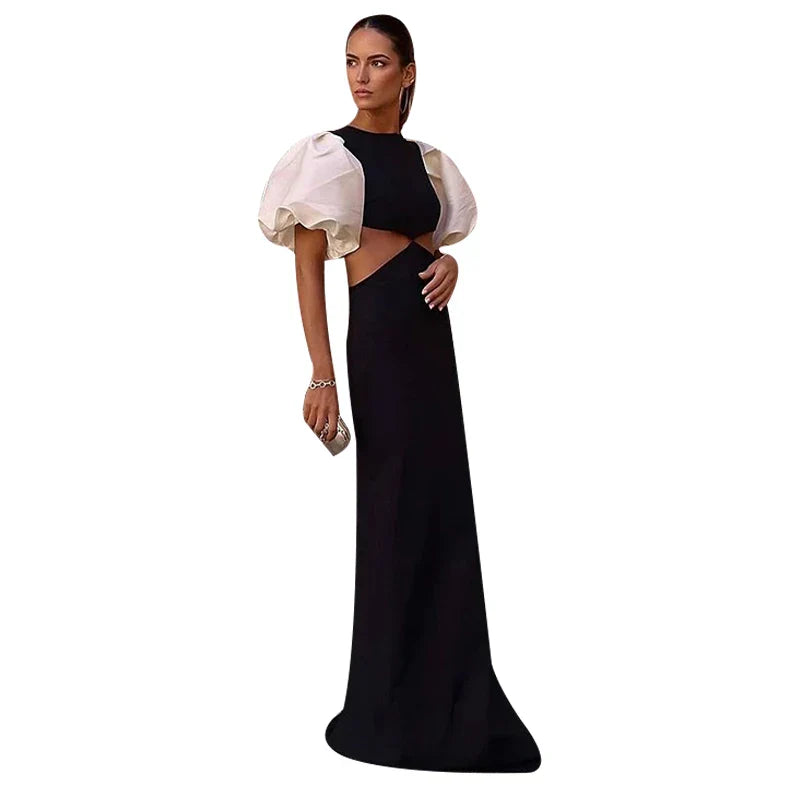 Patchwork Puff Sleeve Hollow Out Long Dress
