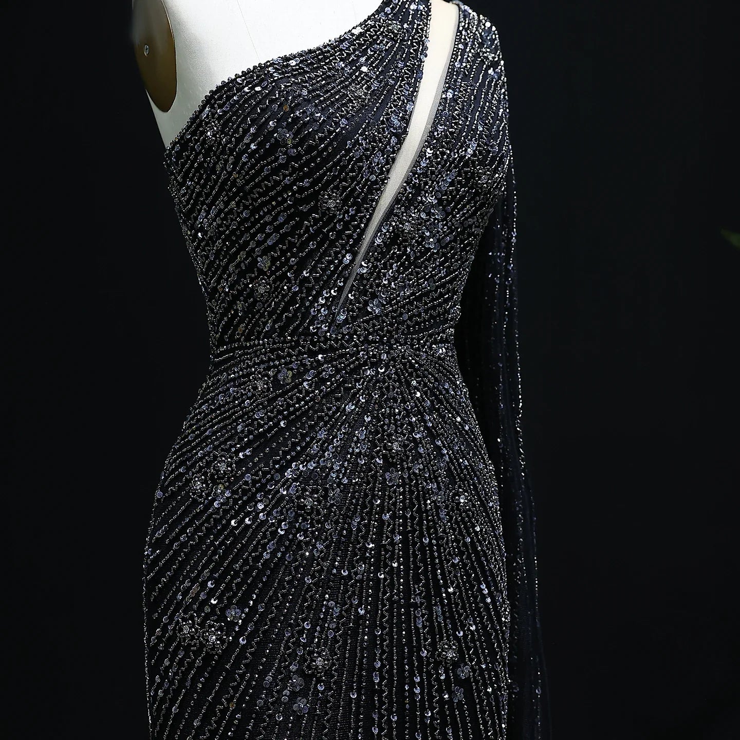One Shoulder Beaded Mermaid Black Evening Gown with Flowing Cape