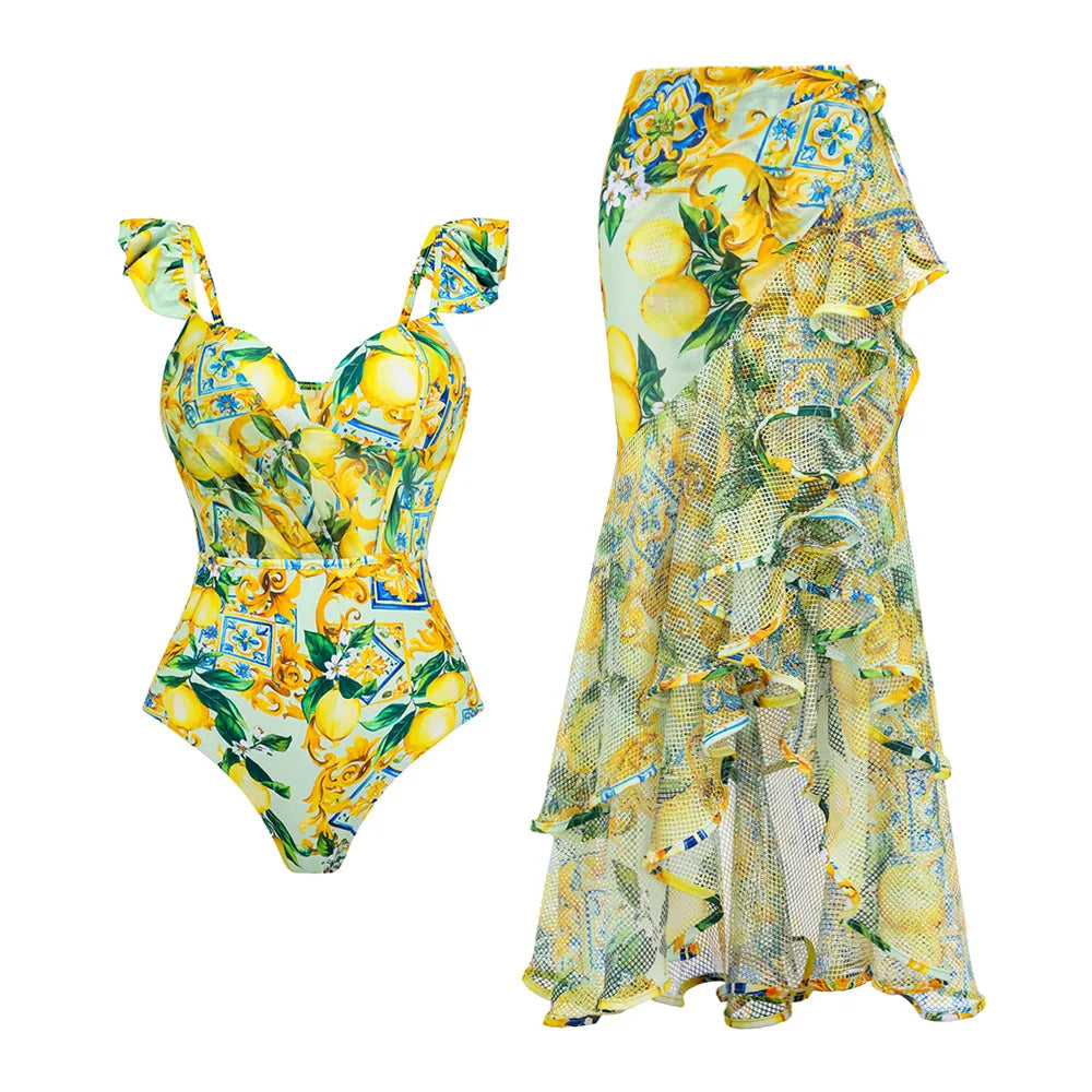One Piece Swimsuit Floral Ruffle Printed Push-Up Bikini Set