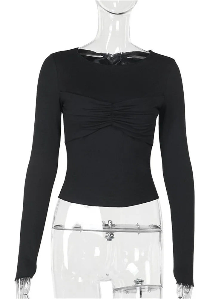 Pleated Long Sleeve Solid Top