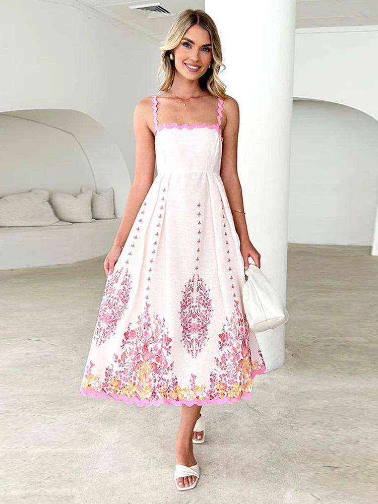 Square Collar Print Flower Sling Long Dress