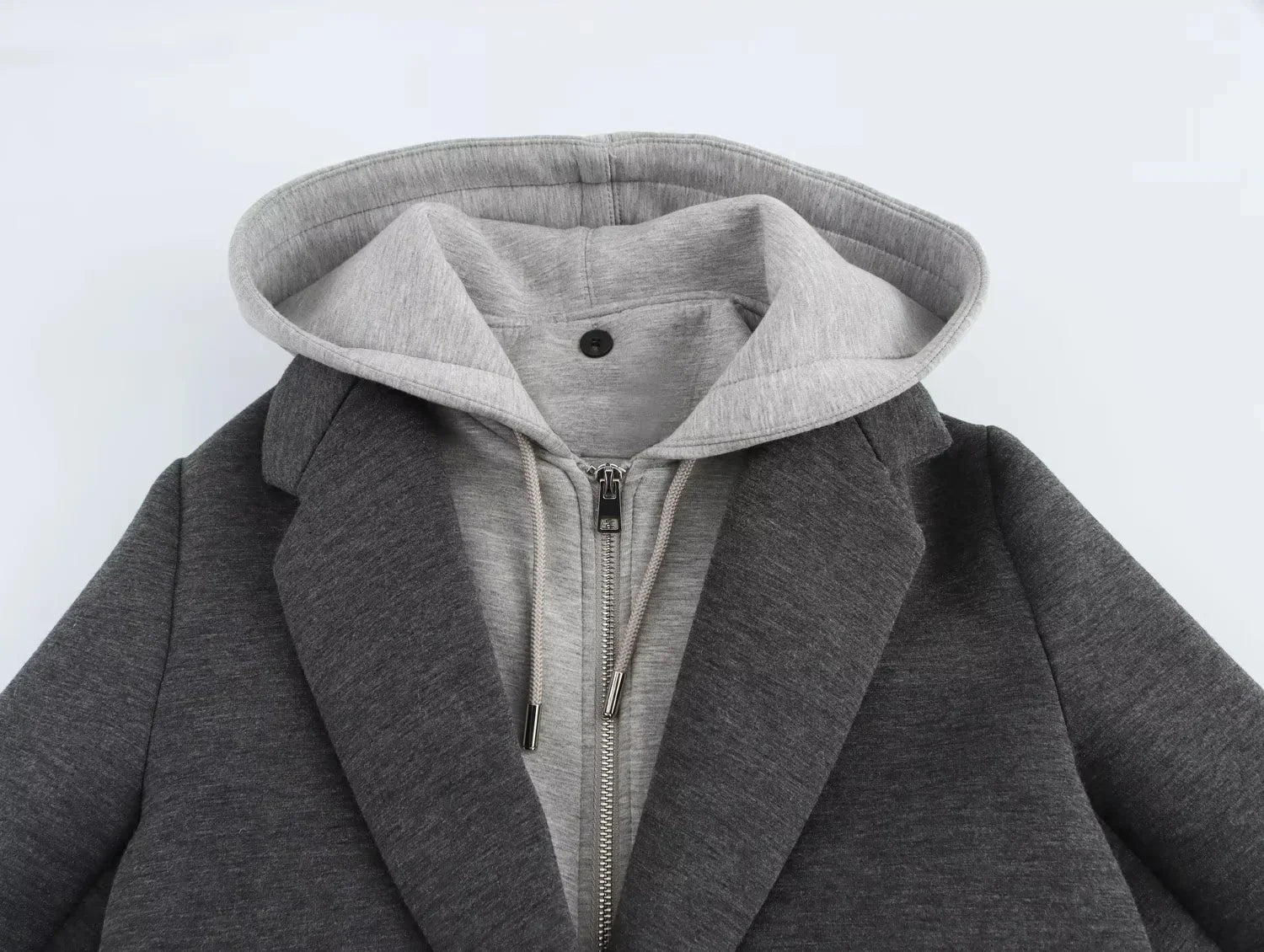 Patchwork Hooded Button Zipper Long Sleeve Coats