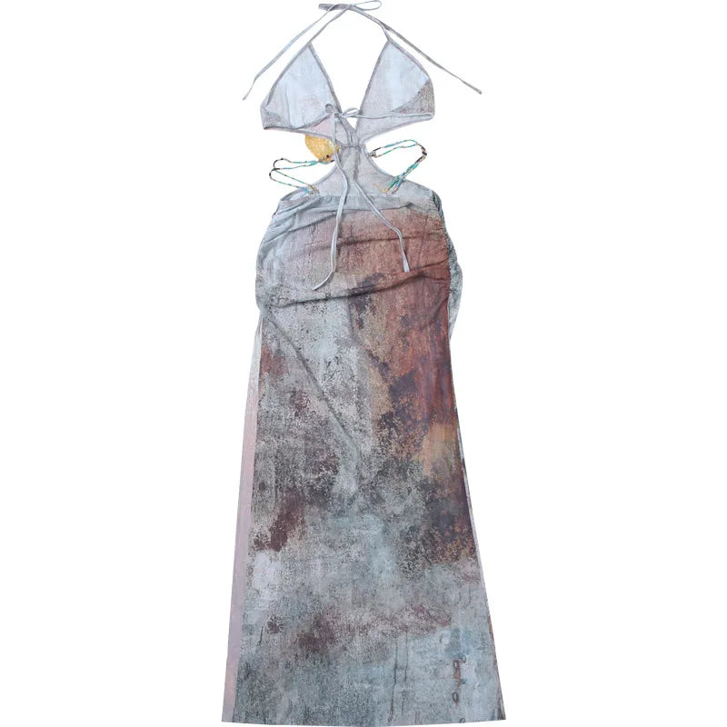Backless Split Abstract Printed Mesh Sheer Dress
