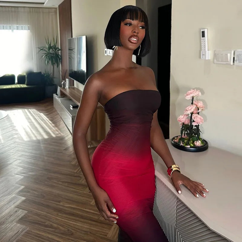 Strapless Black-Red Gradient Long Dress