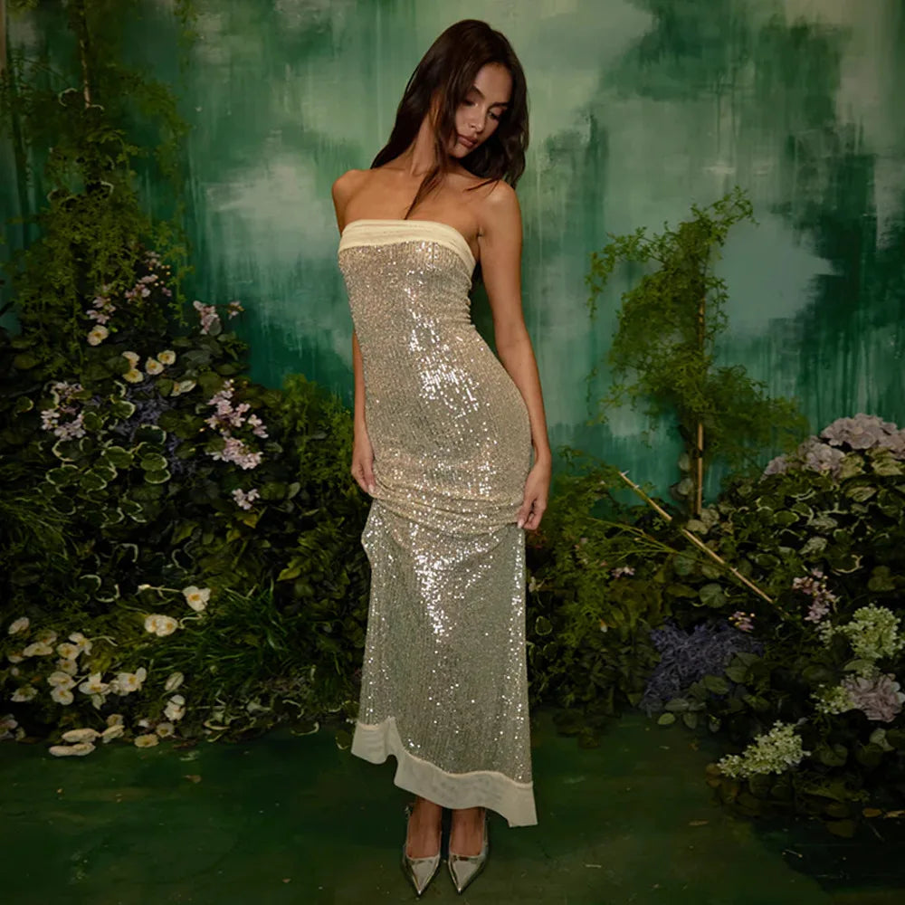 Strapless Sequin Slit Backless Dress