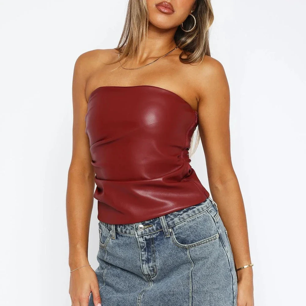 PU Leather Strapless Pleated Tube Top