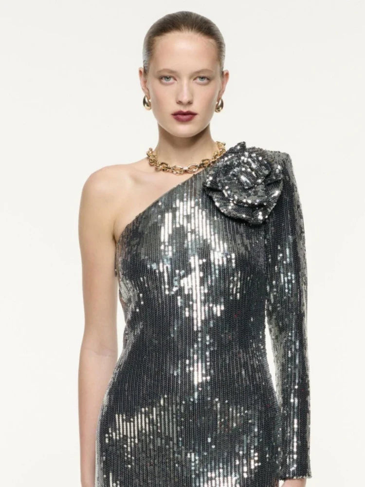 One Shoulder 3D Flower Sequin Dress