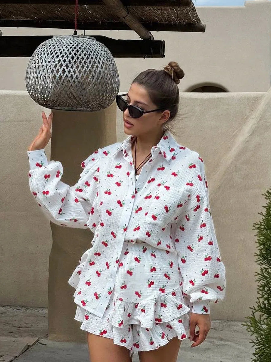 Ruffled Printed Long Sleeve Top and Shorts Sets