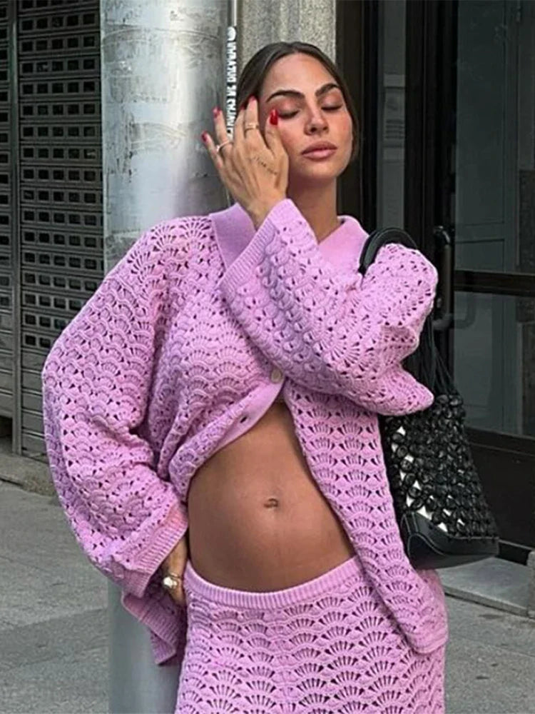 Hollow Out Sweater and Pants Knitting Cardigan Set