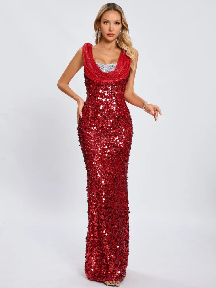 Swinging Neck Sequins Red Long Dress
