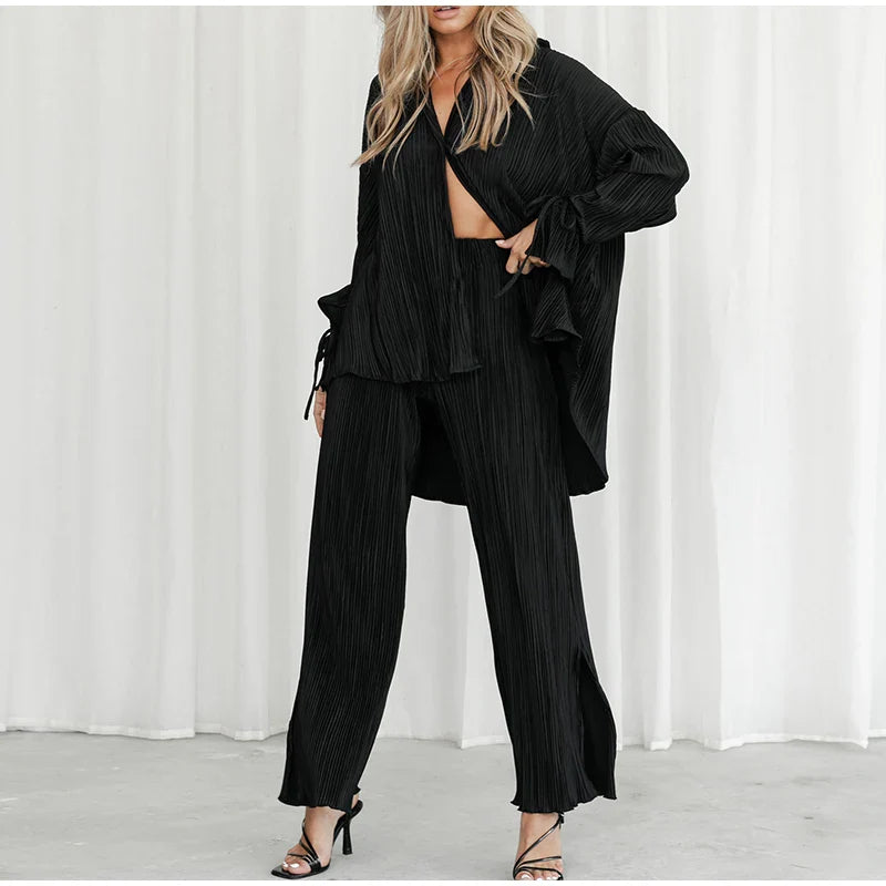2 Piece Set Blouse Tops and Split Wide Leg Pants