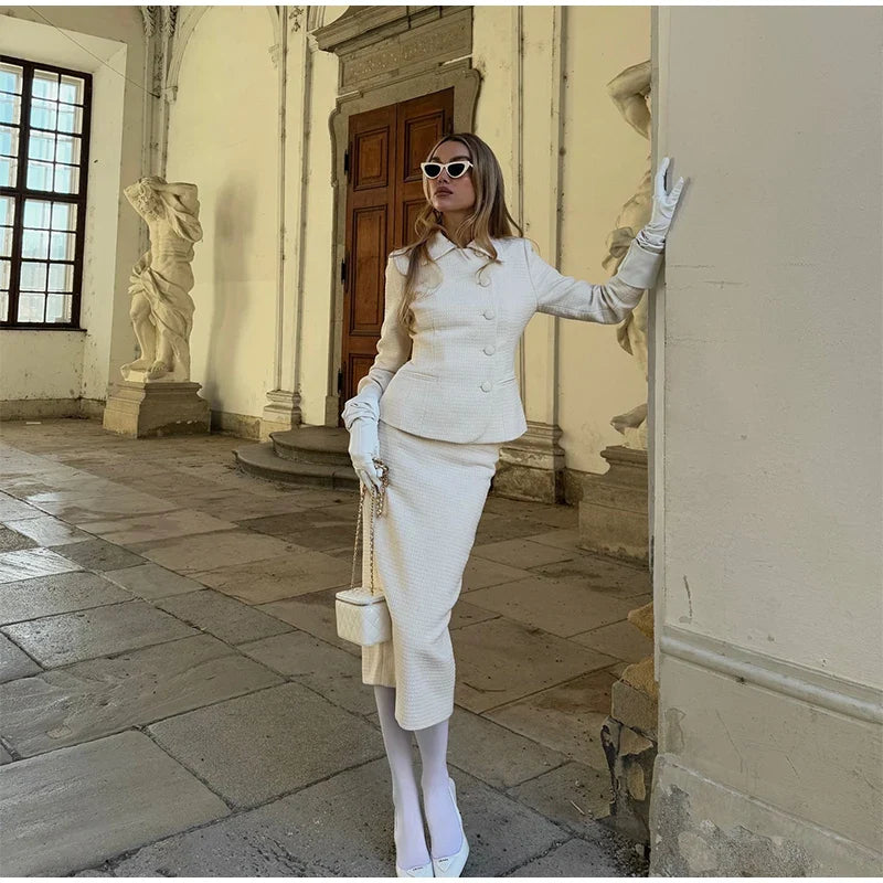 Solid Stand Collar Jackets and Skirts Suit
