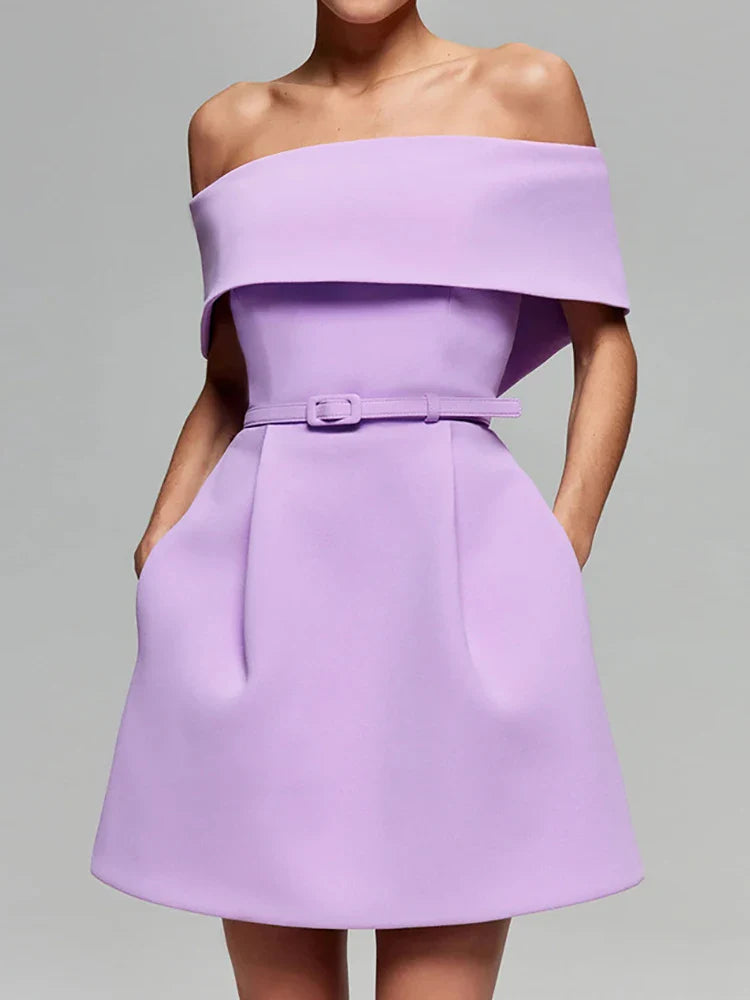 Belt Patchwork Short Sleeve Off The Shoulder Dress