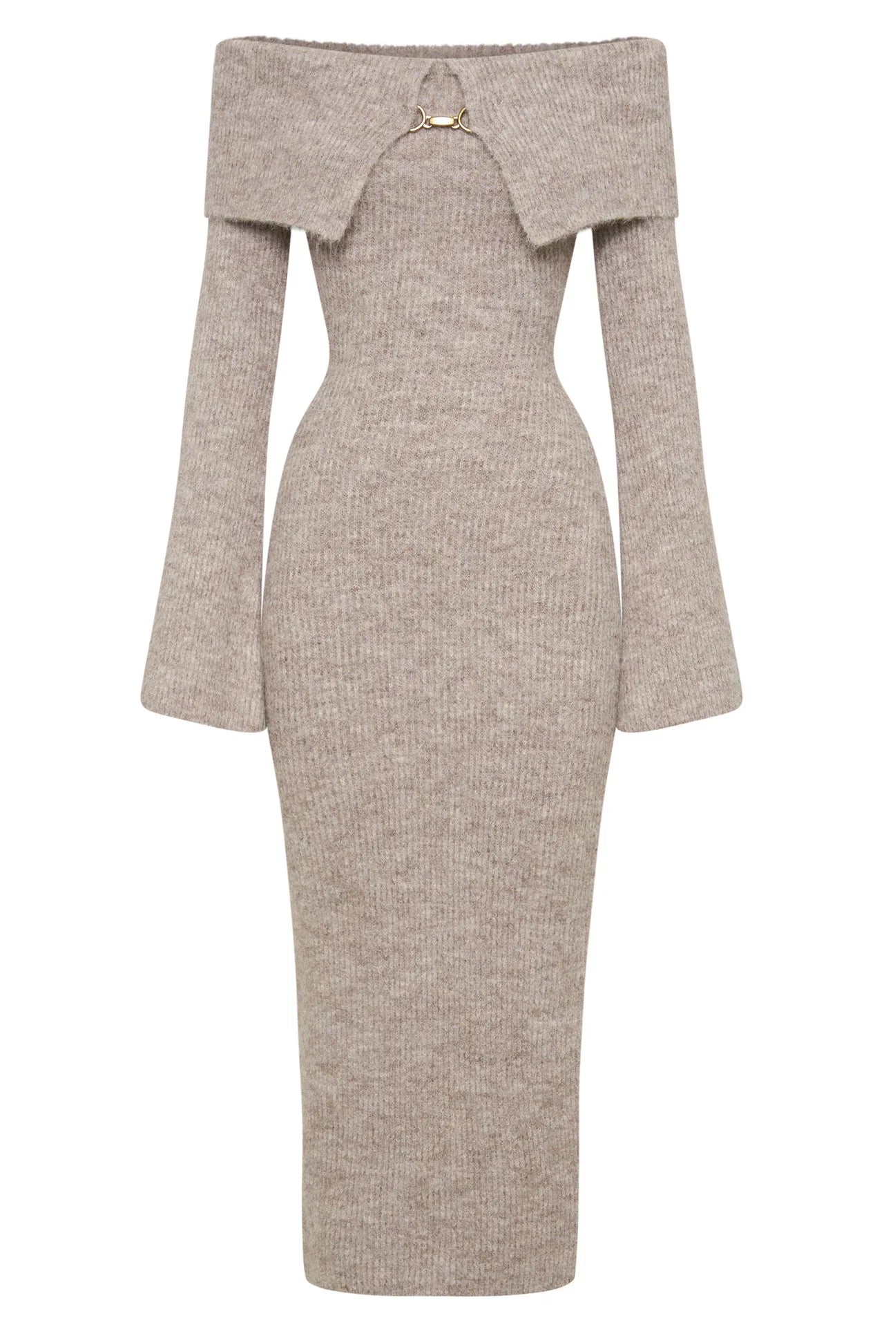 Fluffy Solid Knitted Off Shoulder Midi Dress