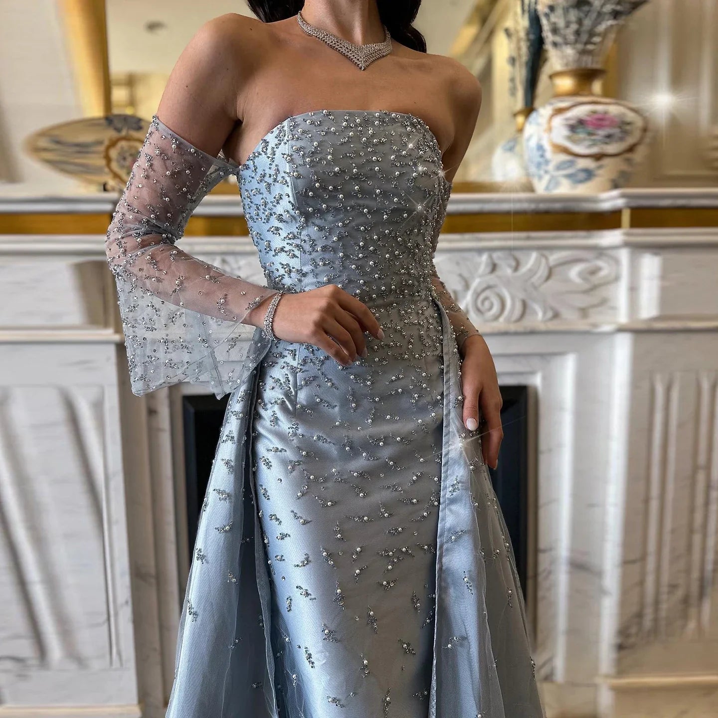 Silver Gray Evening Dress with Overskirt