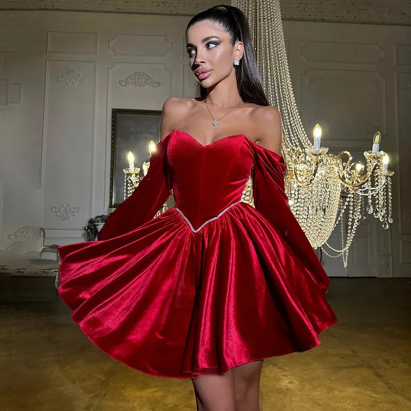 Velvet Strapless Mini Dress Off Shoulder Party Outfit