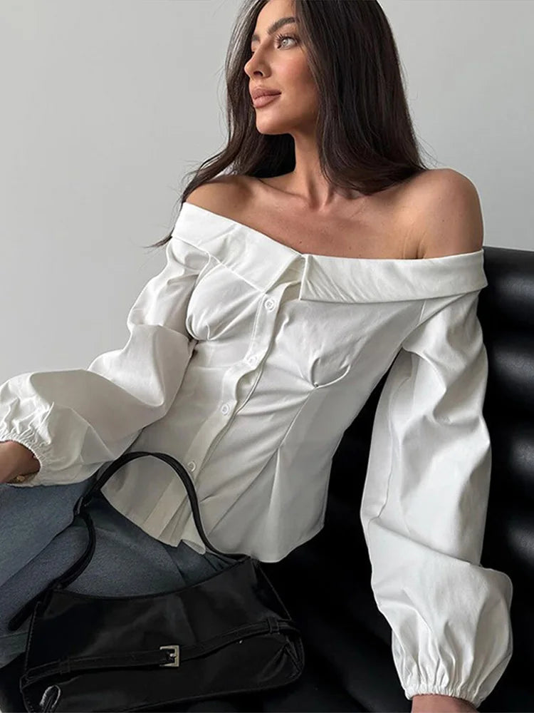 Off-Shoulder White Long Sleeved Blouse