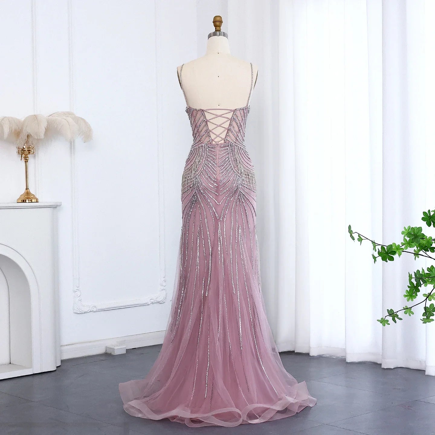 Crystal Tassel Mermaid Spaghetti Straps Gown