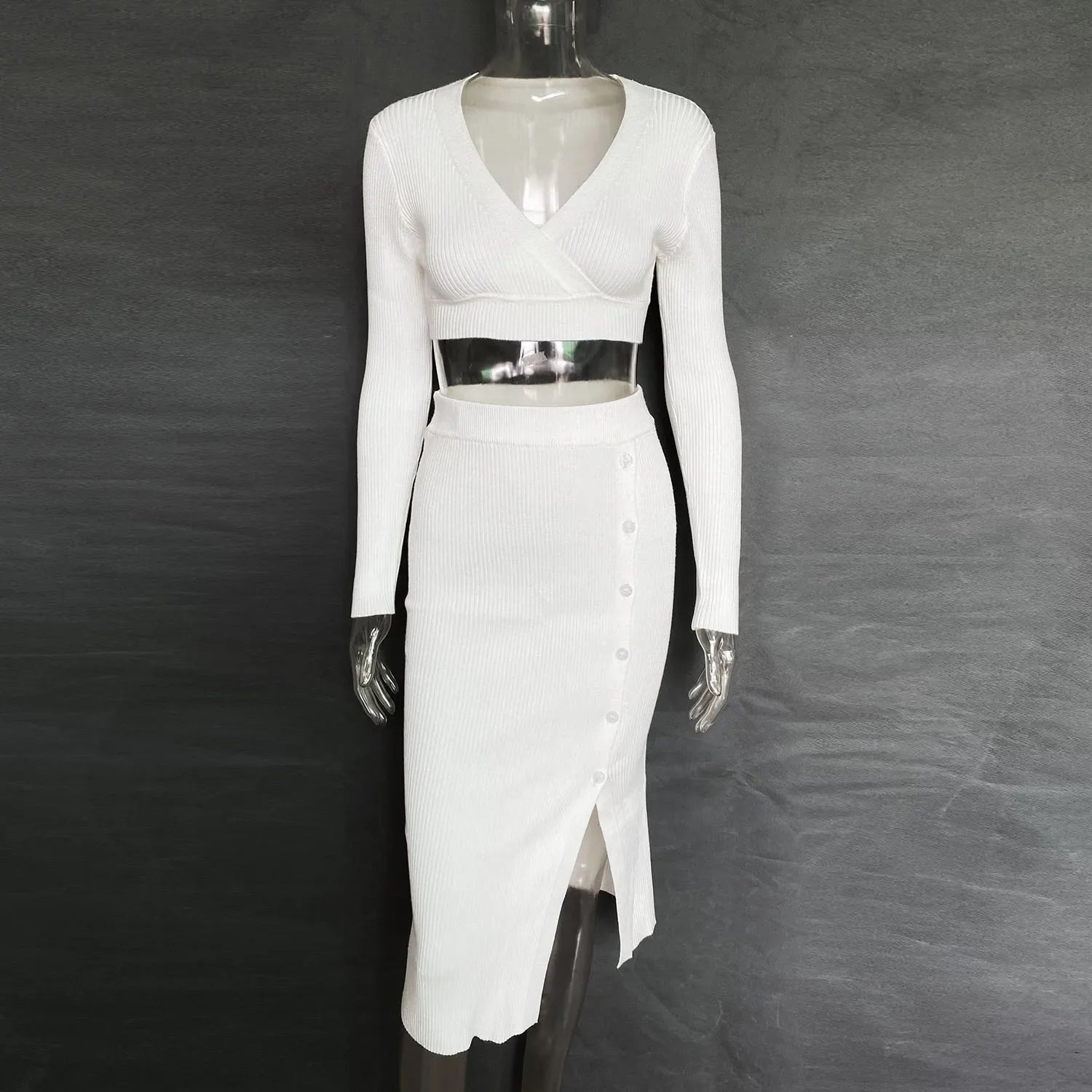 Knitted Top and Slit Midi Skirt Sets