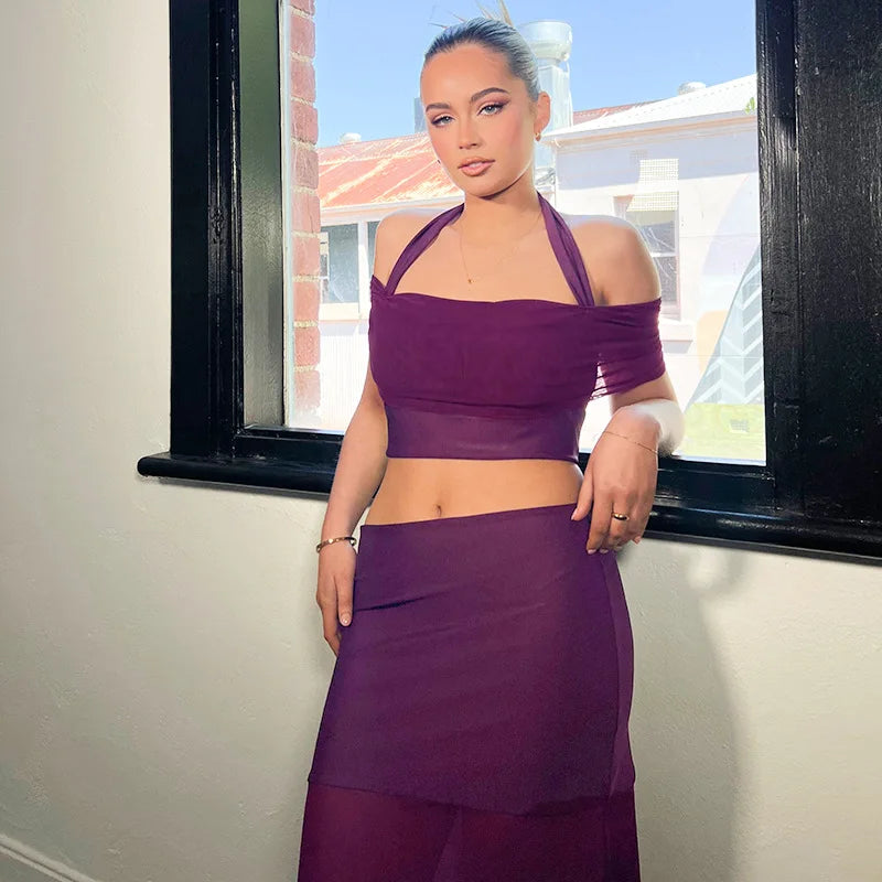 Purple Mesh Two-Piece Set with Sheer Halter Top and Long Skirt
