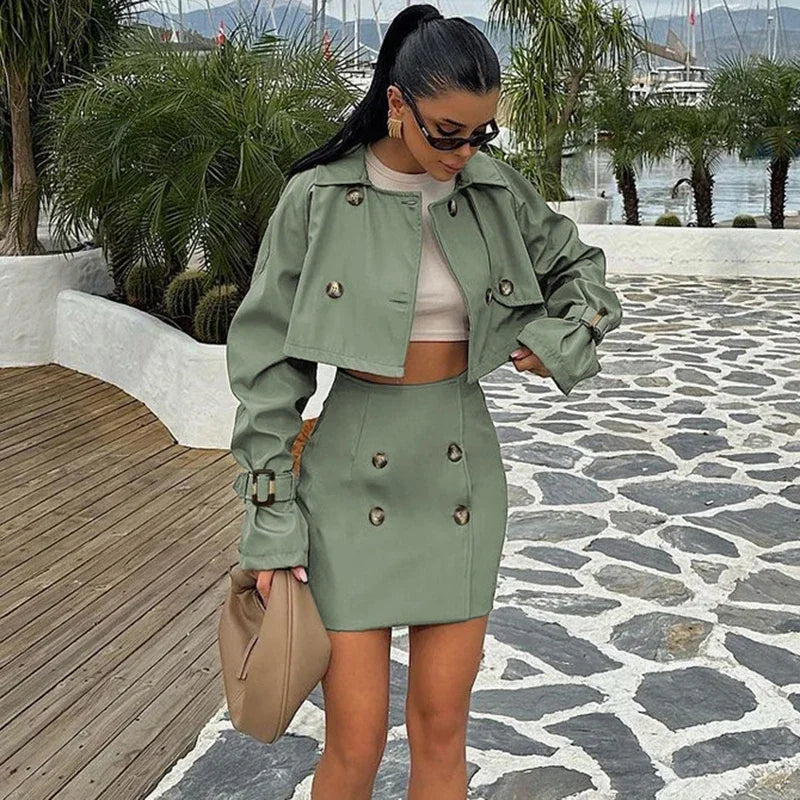 Short Jacket Button Splice Mini Skirt Suit