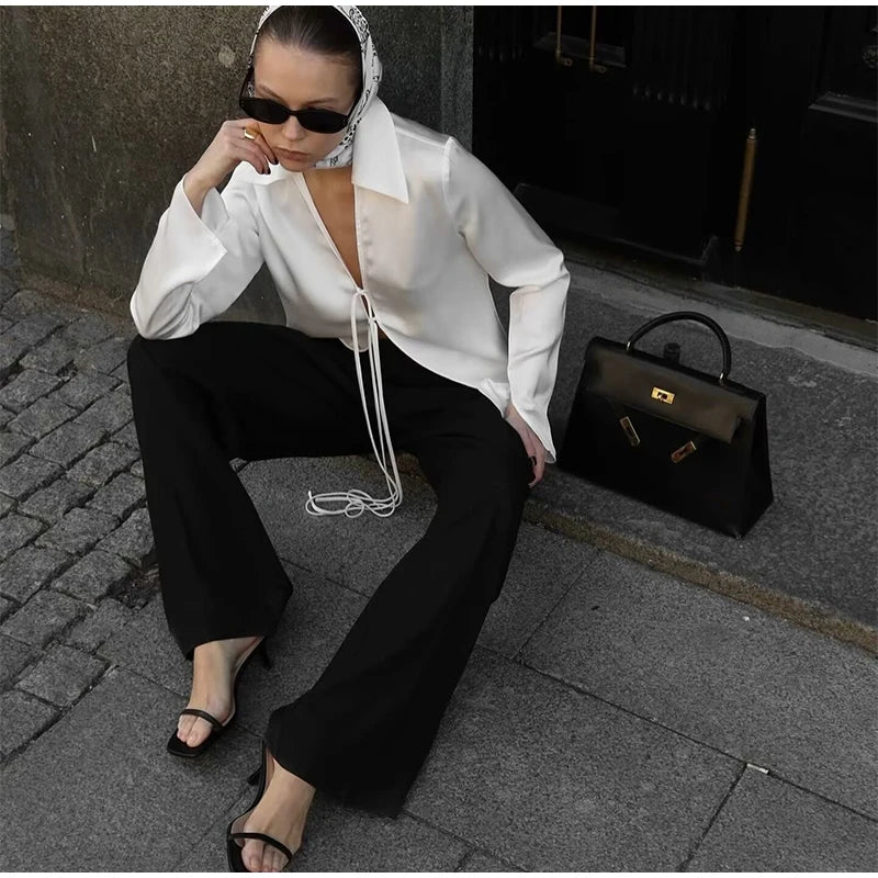 Satin Lace Up Long Sleeved Blouse