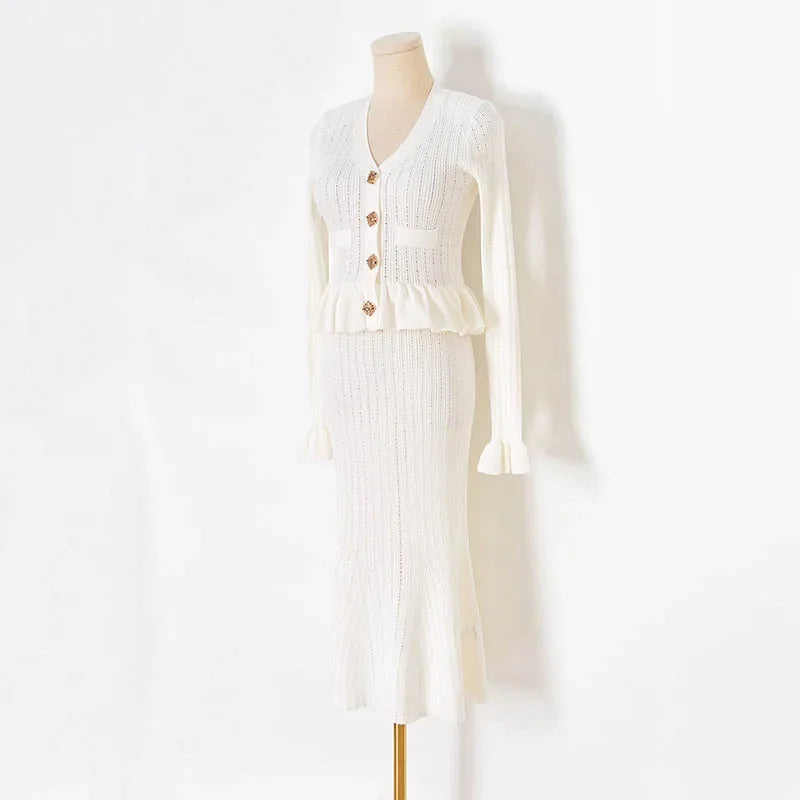 Ruffle Knitted Long Sleeve Mermaid Midi Dress