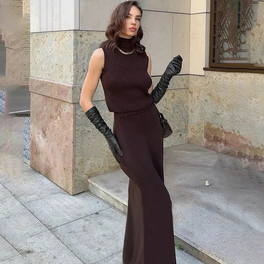 Solid Knit Sleeveless Top Long Skirt Set