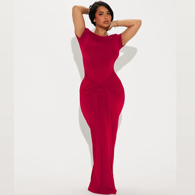 Solid Short Sleeve Ruched Maxi Dress