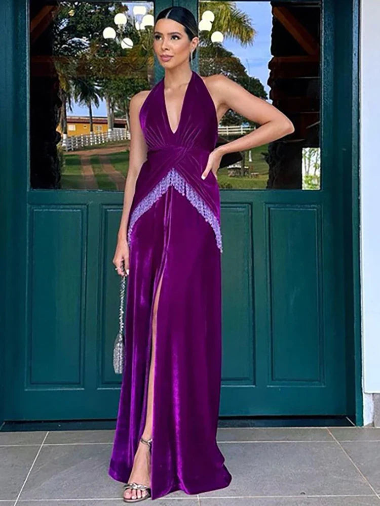 Strapless High Slit Tassel Maxi Dress