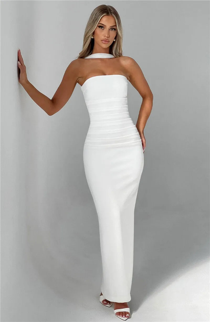 Scarf Collar Strapless Off-shoulder Long Dress