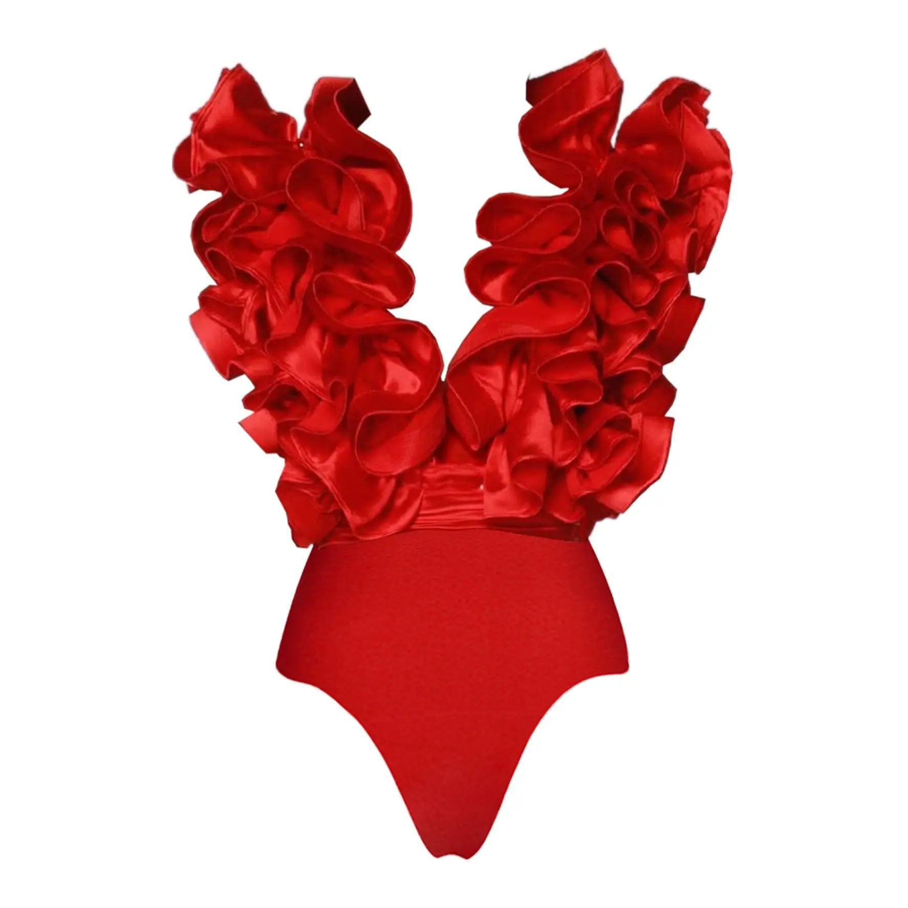Solid Red Flower Swim Suit Deep V Bodysuit