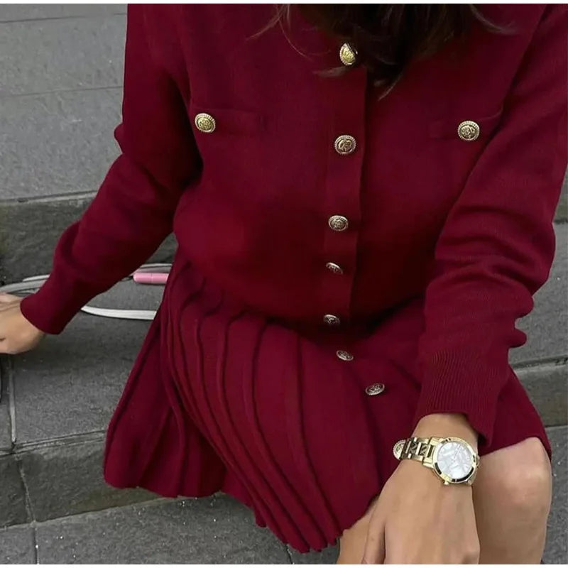 Slim Fit Elegant Burgundy Red Coat and Mini Skirt Set for Women