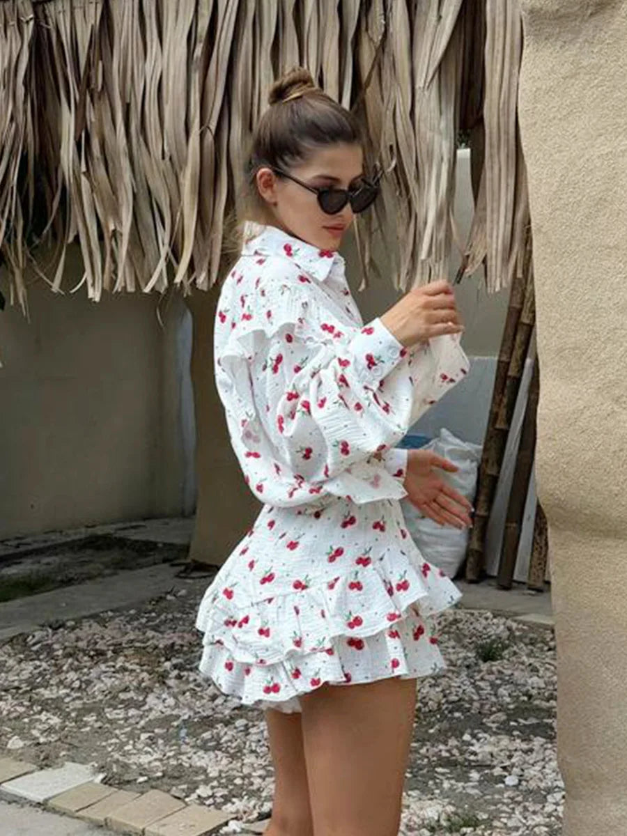 Ruffled Printed Long Sleeve Top and Shorts Sets