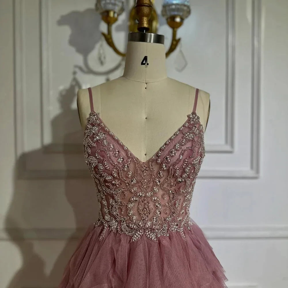Pink Evening Gown Beaded Bodice and Layered Tulle Skirt