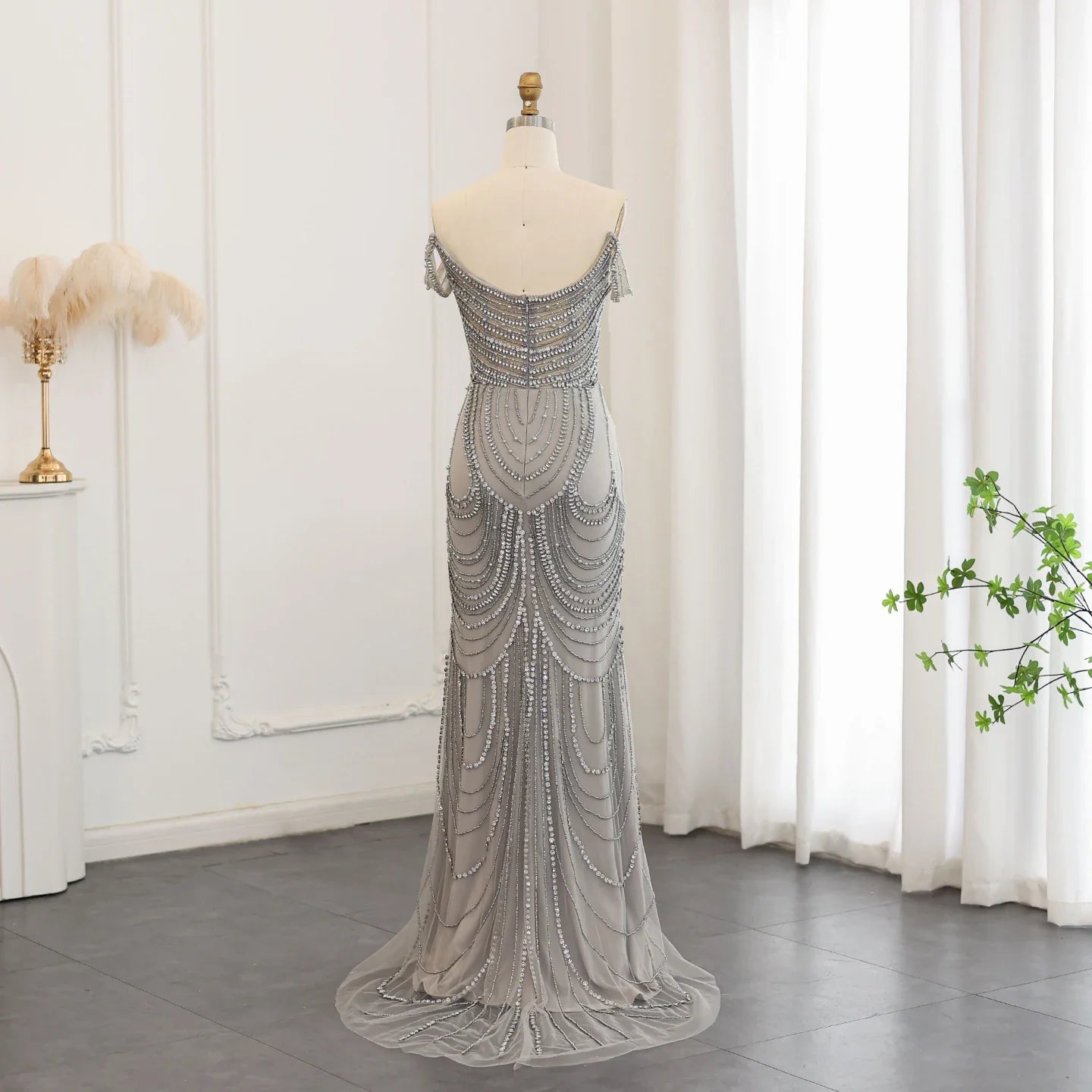 Silver Gray Crystal Mermaid Evening Gown