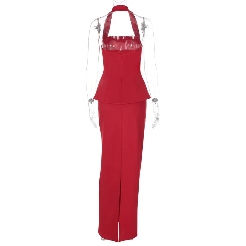 Square Collar Halter Top and Long Skirt Two-Piece Set