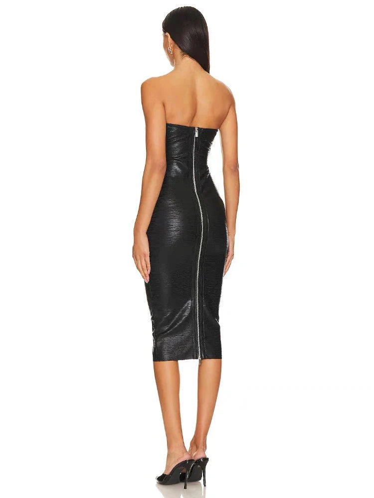 Strapless V-Neck Black Foil  Bandage Dress