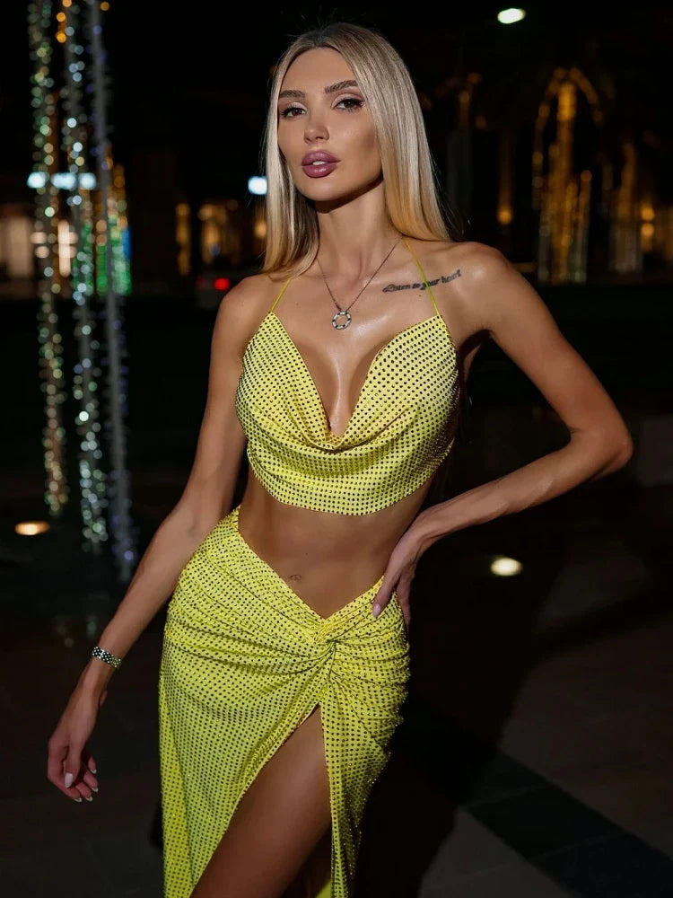 Swinging Collar Crop Tops Long Slit Skirts Suits