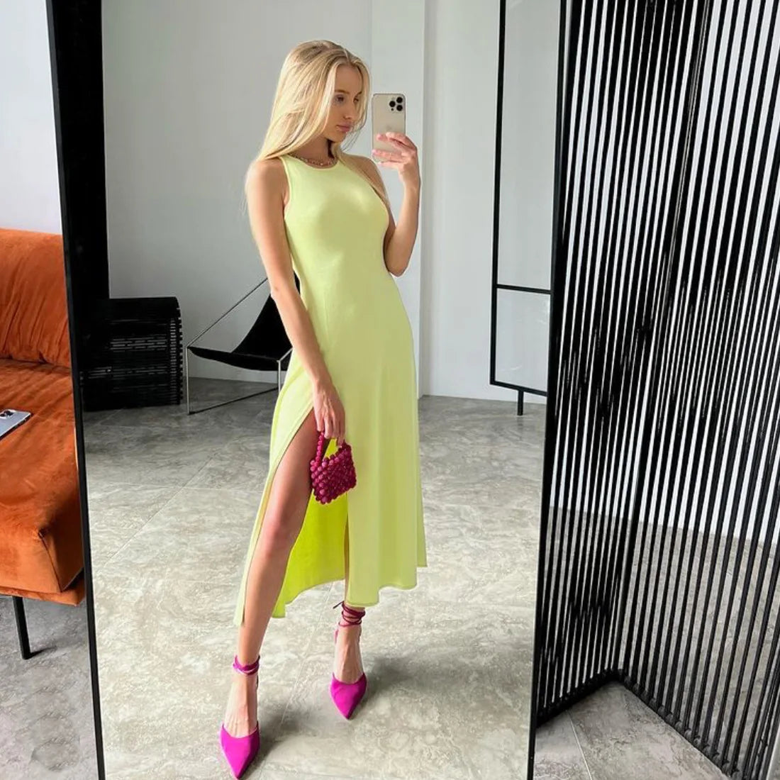 Knit Slit Solid High Waisted Vacation Dresses