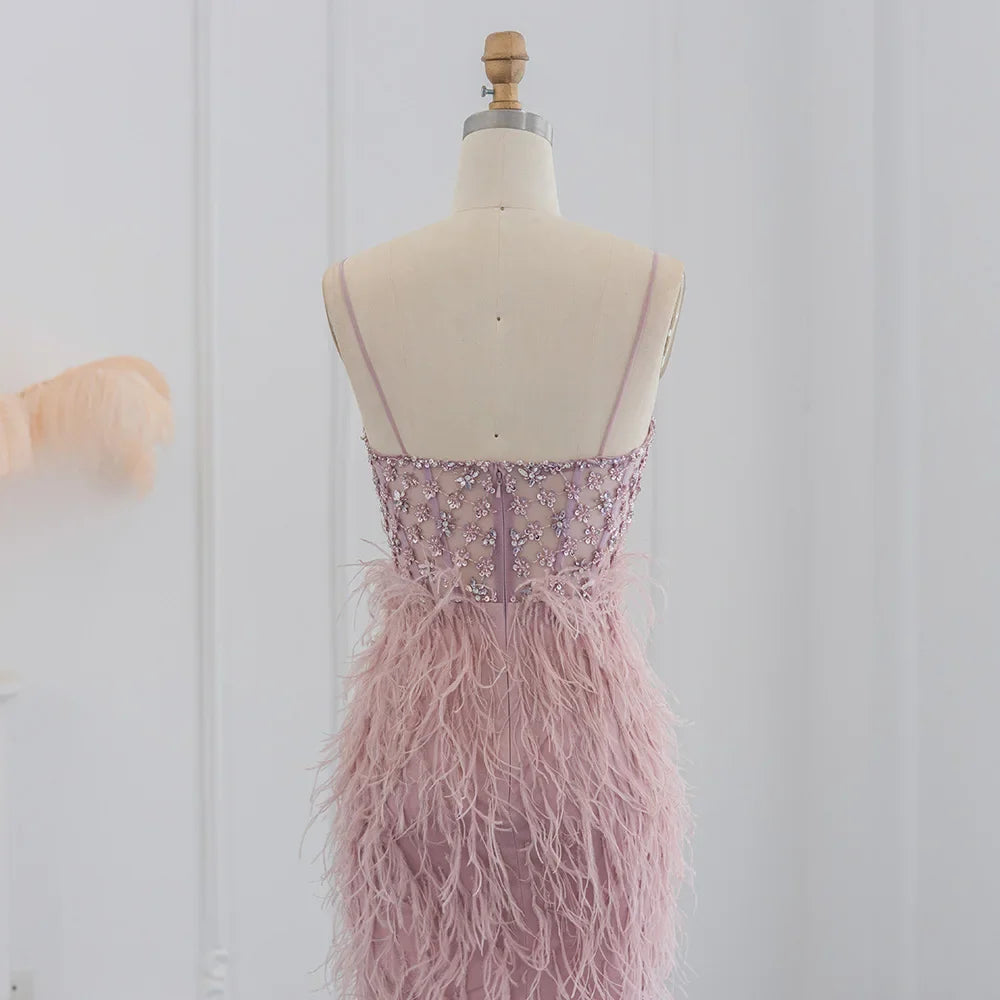 Feathers Spaghetti Straps Side Slit Prom Dress