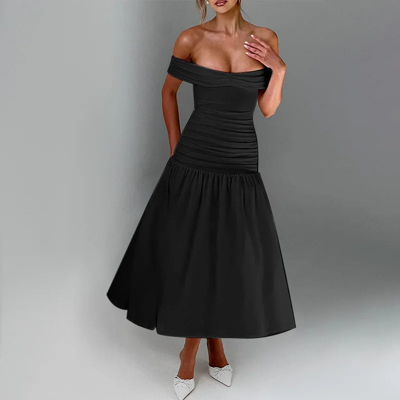 Slash Neck Off Shoulder Solid Dress