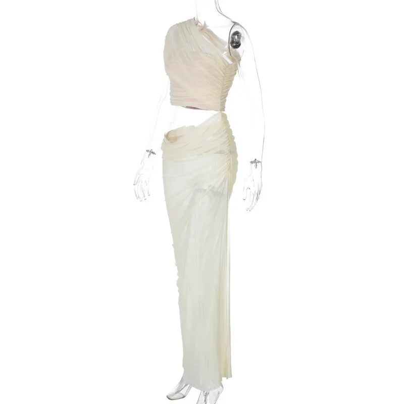 Mesh Backless One-Shoulder Long Dress
