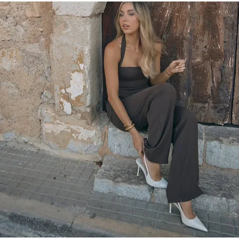 Square Collar Halter Top and Long Pant Suit