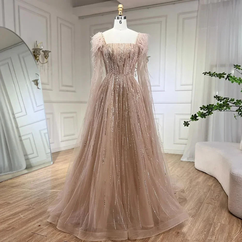 Cape Sleeves Feathers Beaded Evening Dresses