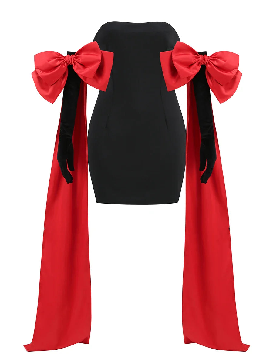 Black Tube Mini Dress With Large Red Bow Detachable Sleeves