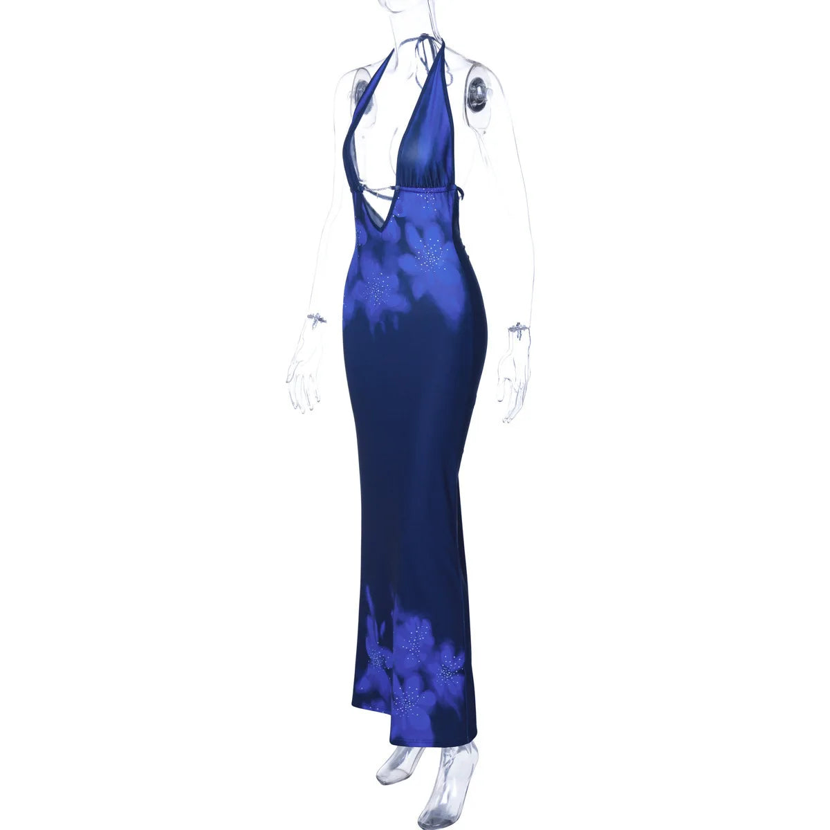 Printed Deep V Backless Long Dress